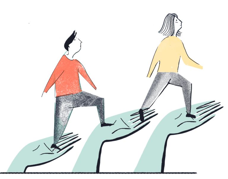 Illustration of two people stepping up on open hands