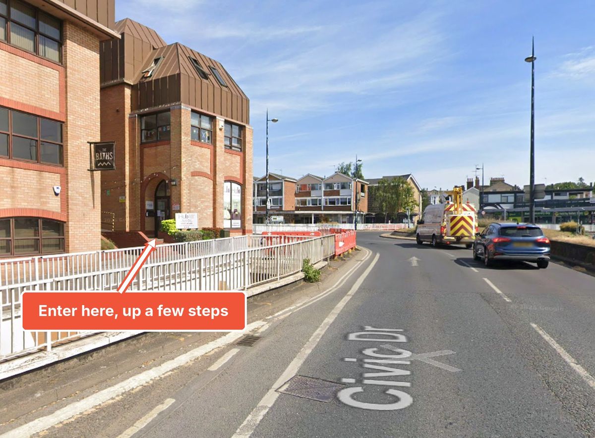 The Hub on Civic Drive, with a label showing the entrance up a few steps